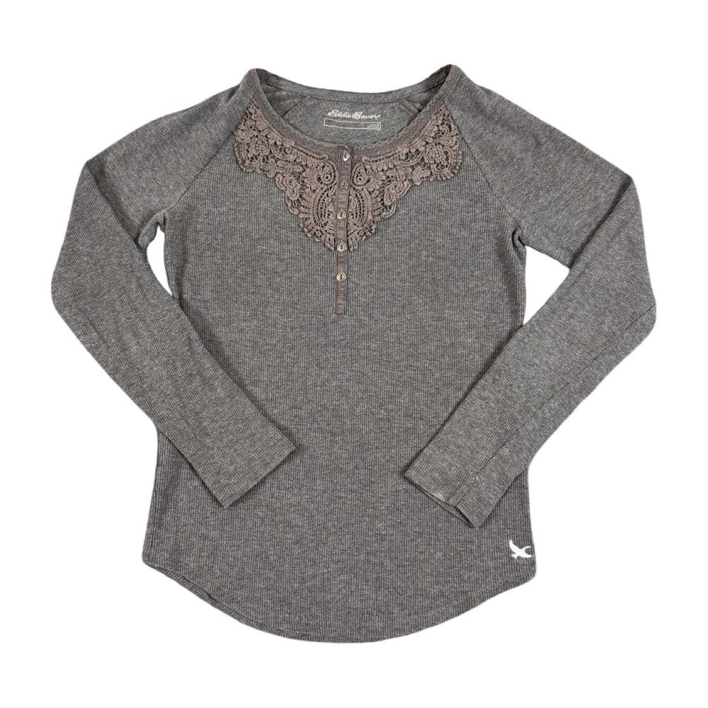 Eddie Bauer Women’s Thermal Henley Top Gray Lace Collar Long Sleeve S